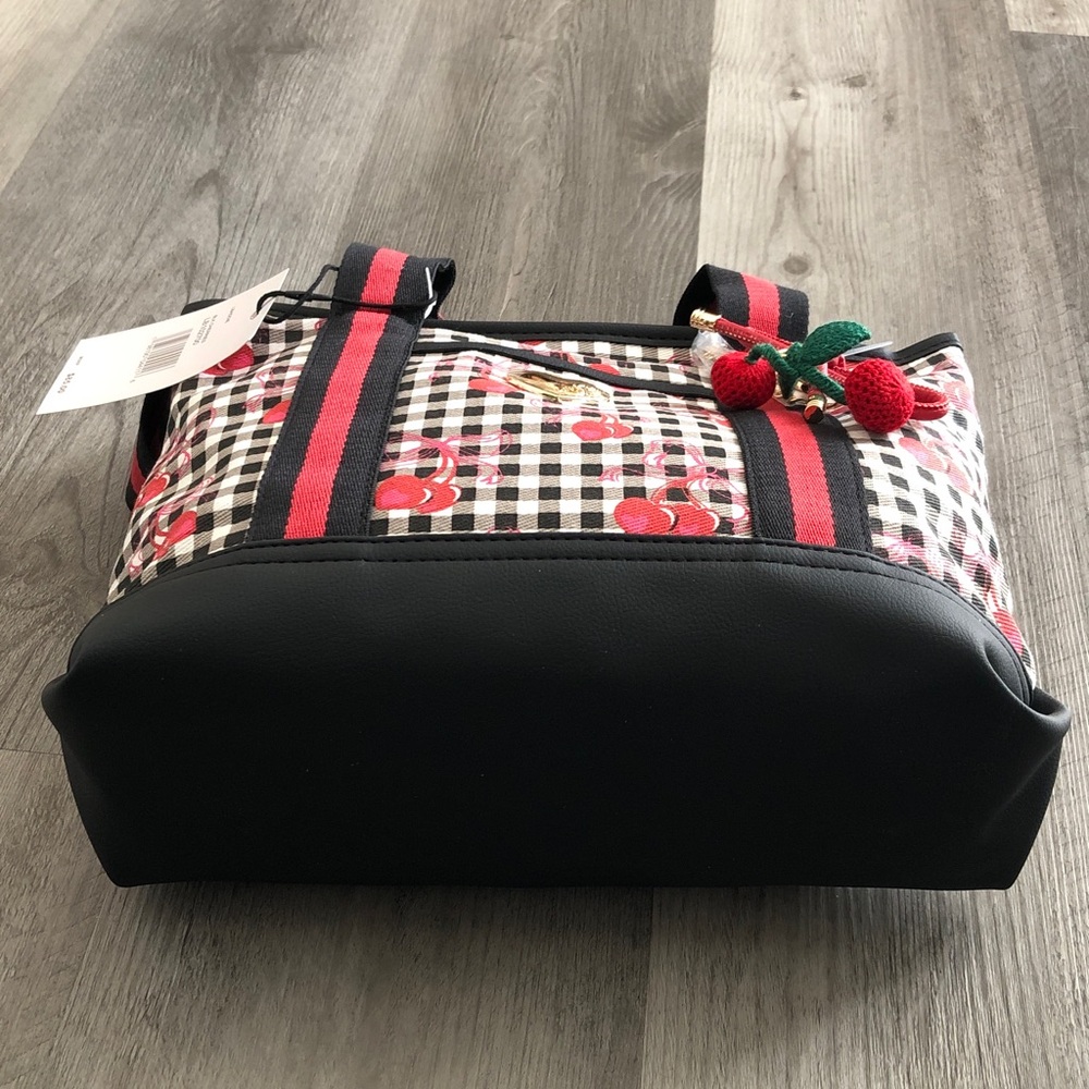 Luv Betsey Betsey Johnson Black & White Gingham & Red Cherry Print Tote Bag NWT - Picture 9 of 16